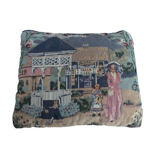 Victorian Town Needlepoint Throw Pillow Woman Girl Roses Gazebo CATS Quilt Shop